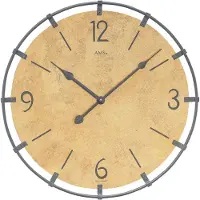 AMS W9616MO - Wandklok - Analoog - Rond - Hout - Metaal - Cijfers/Strepen - Geel/Goudkleurig - Zwart - D 40 x 3 cm
