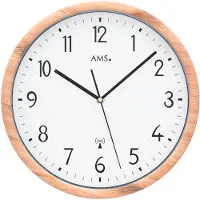 AMS F5576 - Wandklok - Analoog - Kunststof behuizing in houtlook - Rond - Radiogestuurde tijdsaanduiding - Mineraal Glas - Cijfers - Beige - Wit - D30