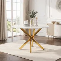 Flieks salontafel, rond, met vergulde poten. Keukentafel met tafelblad met marmerlook. Koffietafel/recreatieve tafel voor 2-4 personen, 80x80x75cm, goud