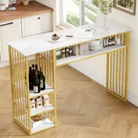 Flieks Bartafel met opbergruimte, 3 legplanken en metalen frame, serveertafel met MDF-taatblad in marmerlook, keukentafel 140x40x105cm, wit+goud