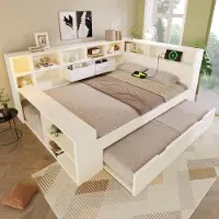 Flieks slaapbank met houten frame, 140x190 cm, inclusief uitschuifbaar bed van 90x190 cm, dagbed met opbergruimte, eenpersoonsbed/tweepersoonsbed met opbergruimte, wit