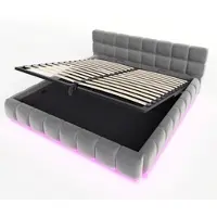 OKWISH Gestoffeerd Bed 180x200cm - Hydraulische Opbergruimte Met LED - Gevoerd Hoofdeinde Met Ingelaten Matrasbevestiging - Fluweel - Zonder matras - Grijs