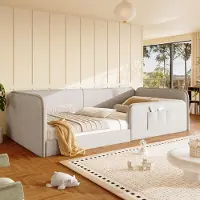 Merax Gestoffeerd bed 90x200 cm, kinderbed met gestoffeerde veiligheidsrand en zijvakken, bed met linnen bodem, eenpersoonsbed voor tieners, beige