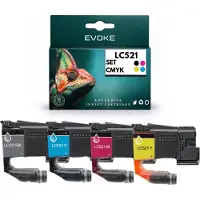 Evoke compatibele inkt voor Brother LC-521 LC521, 4 stuks CMYK: zwart, cyaan, magenta, geel, 38 ml, geschikt voor DCP-J1260W, J1310DW, J1313DW, J1360DW, J1460DW