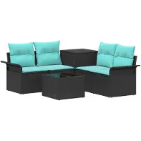 vidaXL Bankstel 6 st 4-zits Zwart en Blauw Poly Rattan en Staal