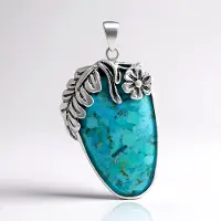 Cavill - Natuurlijke Blauwe Kingman Mohave Turkoois Hanger 28,46 ct - 925 Sterling Zilver Geoxideerd - Handgemaakt - Bloem & Blad Accent