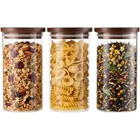Famanu – Set van 3 ronde voorraadpotten (1000 ml) van borosilicaatglas met acaciahouten deksel, luchtdicht en stapelbaar