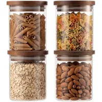 Famanu – Set van 4 ronde voorraadpotten (600 ml) van borosilicaatglas met acaciahouten deksel, luchtdicht en stapelbaar
