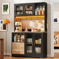 HAUSS SPOLE Keukenkast - Hoge Opbergkast Met Led, Stopcontact En Vitrinedeuren - Voor Keuken En Eetkamer - MDF - 110x40x178 Cm - Zwart
