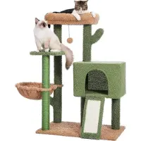 Famanu Kartonnen krabpal voor volwassen katten, 104 cm hoog, modern cactussilhouet, bekleed met pluche, met een ruim beschutting, afneembaar oppervlak, een schommelende bal, sisaltapijt, groen.