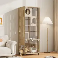 Flieks Kartonnen krabpalen met sisal krabpaal, kattenhuis "kattenvilla" met glazen deur en sleutel, mobiel kattenhuis, kattenkooi, 60x50x156 cm, in natuurlijke staat