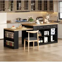 HAUSS SPOLE Keuken Eiland Met Uittrekbare Eettafel - Opbergruimte En Werkblad In Houtlook - Zwart En Naturel - 150 X 90 X 90 Cm