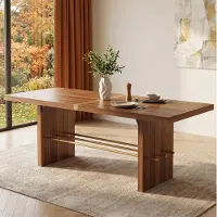 OKWISH Eettafel - Water- En Krasbestendig - Voor Eetkamer En Woonkamer - 180 x 75 x 75 cm - 6-8 Personen - MDF Walnoot En Goud