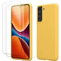 Kwmobile hoes met 2x screenprotectors voor Samsung Galaxy S21 – screenprotector van gehard glas – draadloos opladen – stralend geel