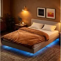 STILVORA Bed 140x190cm – Dubbelbed met ledverlichting – Bedframe met lattenbodem – Voor volwassenen – Stoffen bekleding – Beige – Zonder matras