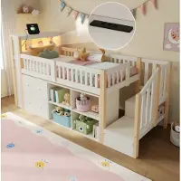 STILVORA Halfhoogslaper 90 x 200 cm – Bed Met Opbergruimte, Lade En LED Verlichting – Voor Kinderen – Hout En MDF – Zonder Matras – Naturel Wit