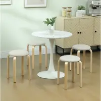 OKWISH Hocker Set van 4 - Stapelbare Ronde Esszimmerhocker met Leinenlook en Zachte Zitting - Voor Keuken, Eetkamer en Woonkamer - Hout - Cream White