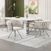 OKWISH Eetkamerstoel 4er Set - 360° Draaibaar Met Armleuningen - Luxe Fluwelen Zitting En Metalen Onderstel - Voor Eetkamer En Woonkamer - Beige Zilver