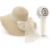 VHV - Zonnehoed en Ventilator Set - dames beige strandhoed met strik - Aparte handventilator met mistfunctie - Voor strand, reizen, wandelen