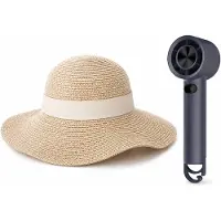 VHV - Zonnehoed en Ventilator Set - dames beige strandhoed met brede rand en kinband - Aparte handventilator - Voor strand, reizen, kantoor