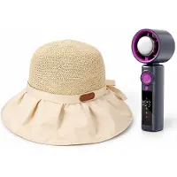 OEM - Zonnehoed en Ventilator Set - dames beige opvouwbare strohoed met brede rand en strik - Aparte handventilator - Voor strand, reizen, tuin