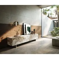 DELIFE Tv-meubel Cuor 220 cm Keramiek Minas Melange Wit-beige 1 Flap 2 Laden Zwevende voet look Roestvrij staal