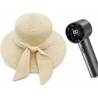 VHV - Zonnehoed en Ventilator Set - dames beige strandhoed met brede rand en kinband - Aparte handventilator - Voor strand, vakantie, reizen