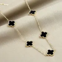 MaxPower (Zwart Goud) Titanium Staal Kleurloos Vierbladig Gras Dubbelzijdig Fritillaria Vijf Bloemen Ketting
