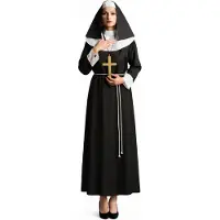 Partychimp 4-Delig Klassieke Non Tuniek/Hoofdkapje/Kruis & Touw Halloween Kostuum Dames Verkleedkleren Volwassenen Carnavalskleding Dames - Zwart- Polyester - Plastic - Maat L/XL