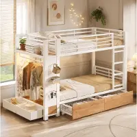 STILVORA Stapelbed 90x200 cm – Met ledverlichting en opbergruimte – Met 4 lades en kledingstang – Voor slaapkamer en logeerkamer – Metaal en MDF – Wit – Zonder matras
