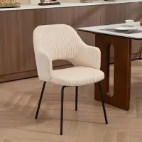 OKWISH Eetkamerstoel – Kuipstoel Met Armleuningen – Gestoffeerd In Ribstof Met Stalen Vierpoot – Voor Eetkamer, Leeshoek En Kaptafel – Beige