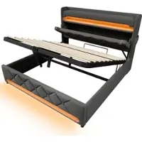 STILVORA Gestoffeerd Bed 140x190cm – Ledverlichting Rondom – Hoofdbord Met Opladen & Opbergvakken – Hydraulische Opbergruimte – Zonder matras – Linnen – Grijs