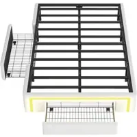 OKWISH Gestoffeerd Bed 90x200 cm - Met RGB LED Lichtstrip - Met Lades - Met Metalen Lattenbodem - PU Leer - Wit - Zonder matras