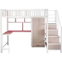 OKWISH Hoogslaper 140x200cm – Met Bureau En Kledingkast – Met Ledverlichting En Oplaadpoorten – Met Opbergladder – Zonder Matras – Metaal – Wit