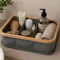 Alpina Opbergmand met 3 Vakken – Bamboe Opbergmand met Polyester 30x30x9cm – Mand voor Badkamer, Kast en Woonkamer