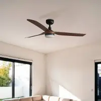 Faro LED plafondventilator Punt M, zwart/hout, DC, stil, 130 cm dimbaar, zwart, Woon-/ Eetkamer, metaal, Modern