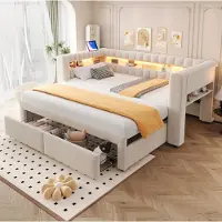 STILVORA Slaapbank 90x190 cm – Uitschuifbaar tot 180x190 cm met LED en USB Type-C – Opbergruimte en 2 Lades – Velours – Beige – Zonder matras