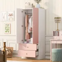 OKWISH Kledingkast - 2 Lades - Hanggedeelte - Zachtroze En Wit - Compacte Opbergkast Voor Slaapkamer En Kleedkamer - 70 X 40 X 170 Cm