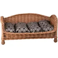 TheWickerStories Eenvoudig honden- en kattenbed van riet, met een beige kussen en een verlaagde instap. (Merk: )