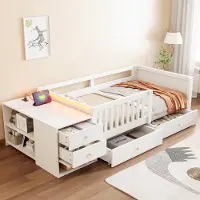 MODFU kinderbed 90x200 met half open veiligheidsreling, tienerbed met bureau- en opbergruimte, dagbed met LED-verlichting, stopcontact en lades, wit (inclusief matras)
