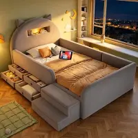 STILVORA Kinderbed 90x200 cm – Nachtlicht En USB In Hoofdbord – 4 Lades En Afneembare Trapbank – Kinderkamer – Fluweel – Lichtgrijs – Zonder Matras