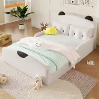 MODFU Kinderbed 140x200 met berendesign, gestoffeerd bed met linnen hoes en 2 kussens, platformbed voor tieners met gestoffeerd hoofdeinde, wit (zonder matras)