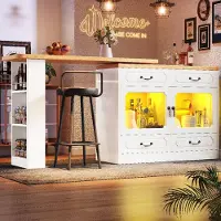 Merax Uitschuifbare bar met LED-verlichting, 360° draaibare keukenbar met opbergruimte, dressoir met 4 lades en USB-poort, uitschuifbare eettafel, woonkamer, wit