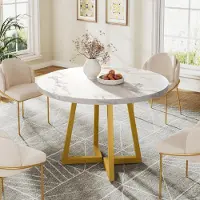 Tribesigns eettafel voor 2 personen, 80 cm breed, met metalen frame, kleine tafel voor eetkamers, kantoren, restaurants, wit en goud