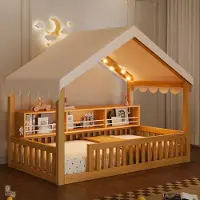 Flieks kinderbed 90x200 cm met led, huisbed met hemelbed en boekenkast, laag bed, eenpersoonsbed, speelbed met valbeveiliging, zonder lattenbodem, hout