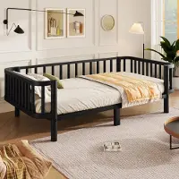 OKWISH dagbed 90x200 met matras en veiligheidsreling, eenpersoonsbed met stalen lattenbodem, kinderbed in zwart