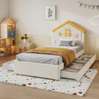 Flieks kinderbed, 90x200 cm, met 4 lades, houten bed met lattenbodem, gestoffeerd bed met opbergruimte en een hoofdeinde in huisstijl, fluweel, beige