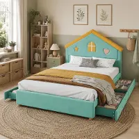 MODFU Kinderbed 140 x 200, bekleed huisbed/tienerbed met 4 lades en een bekleding aan het hoofdeinde, fluweelbed, zonder matras, blauw + groen