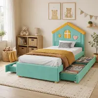 Flieks kinderbed, 90x200 cm, met 4 lades, houten bed met lattenbodem, gestoffeerd bed met opbergruimte en een houten hoofdeinde, fluweel, groen