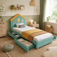 STILVORA kinderbed 90x200 cm met 4 lades, huisbed met opbergruimte en hoofdeinde, gestoffeerd bed met fluweel, blauwgroen